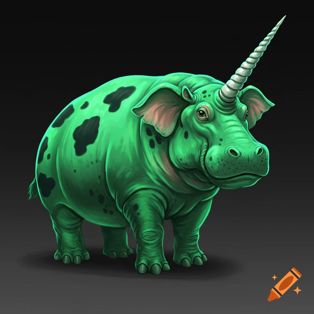 Illustration of a green creature with a hippo body, black spots, elephant ears, cow face, and narwhal horn.