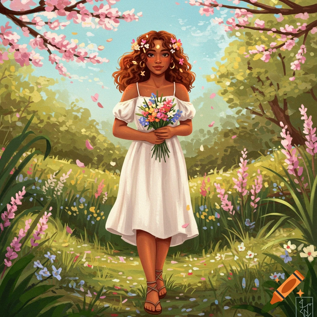 Illustration of a woman in a white dress walking through a spring garden with flowers.