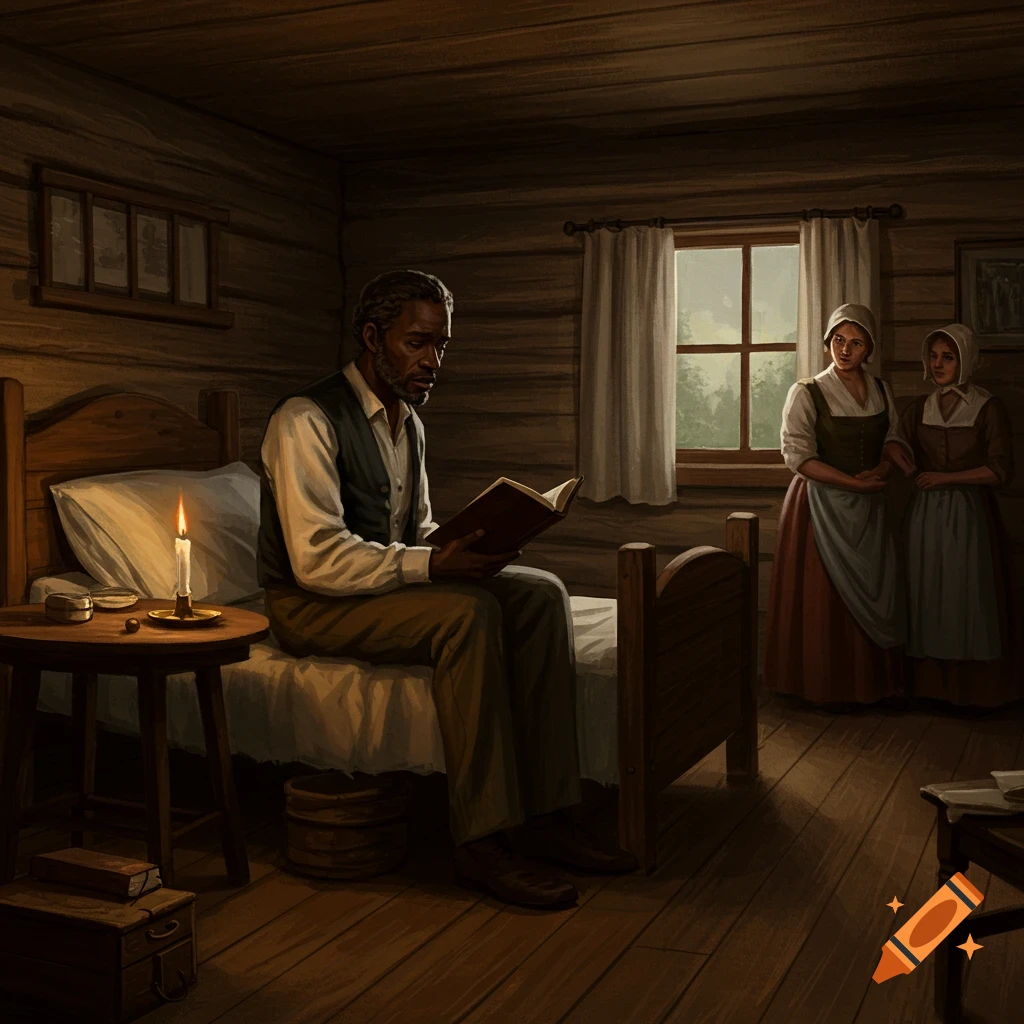 A man reads a book by candlelight in a rustic room while two women stand near a window.
