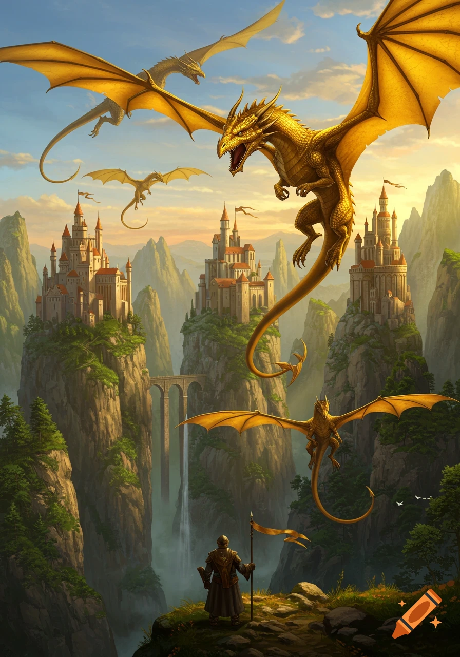 Fantasy landscape with golden dragons flying over castles built on cliffs, viewed by a figure.