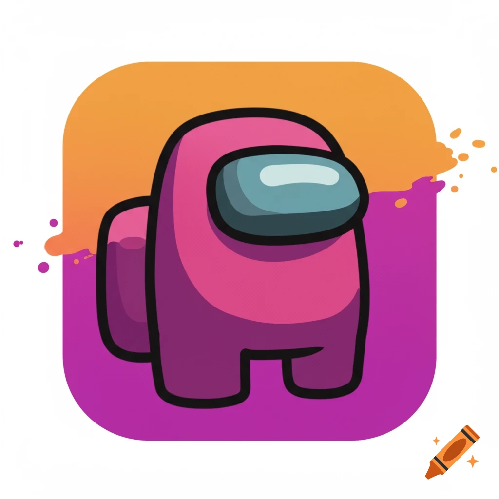 A pink Among Us character on a rounded background with purple and orange colors.
