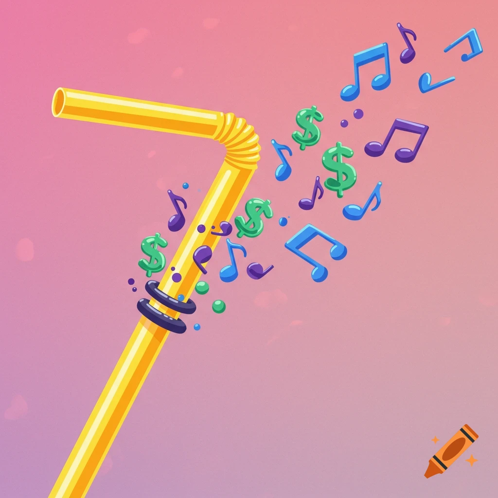 Illustration of a yellow straw expelling blue and purple music notes and green dollar signs on a gradient background.