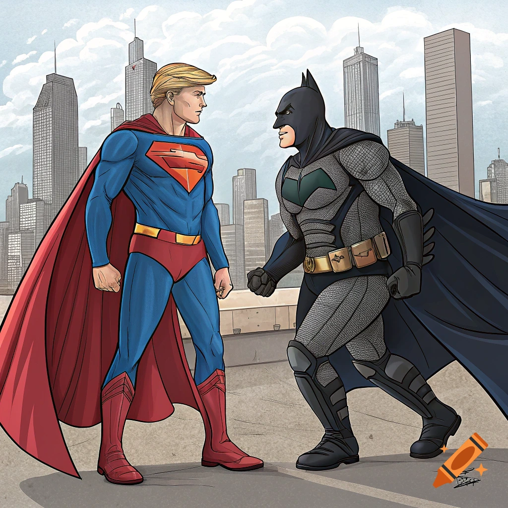 Illustration of Donald Trump as Superman facing off against Elon Musk as Batman on a rooftop with a city skyline.