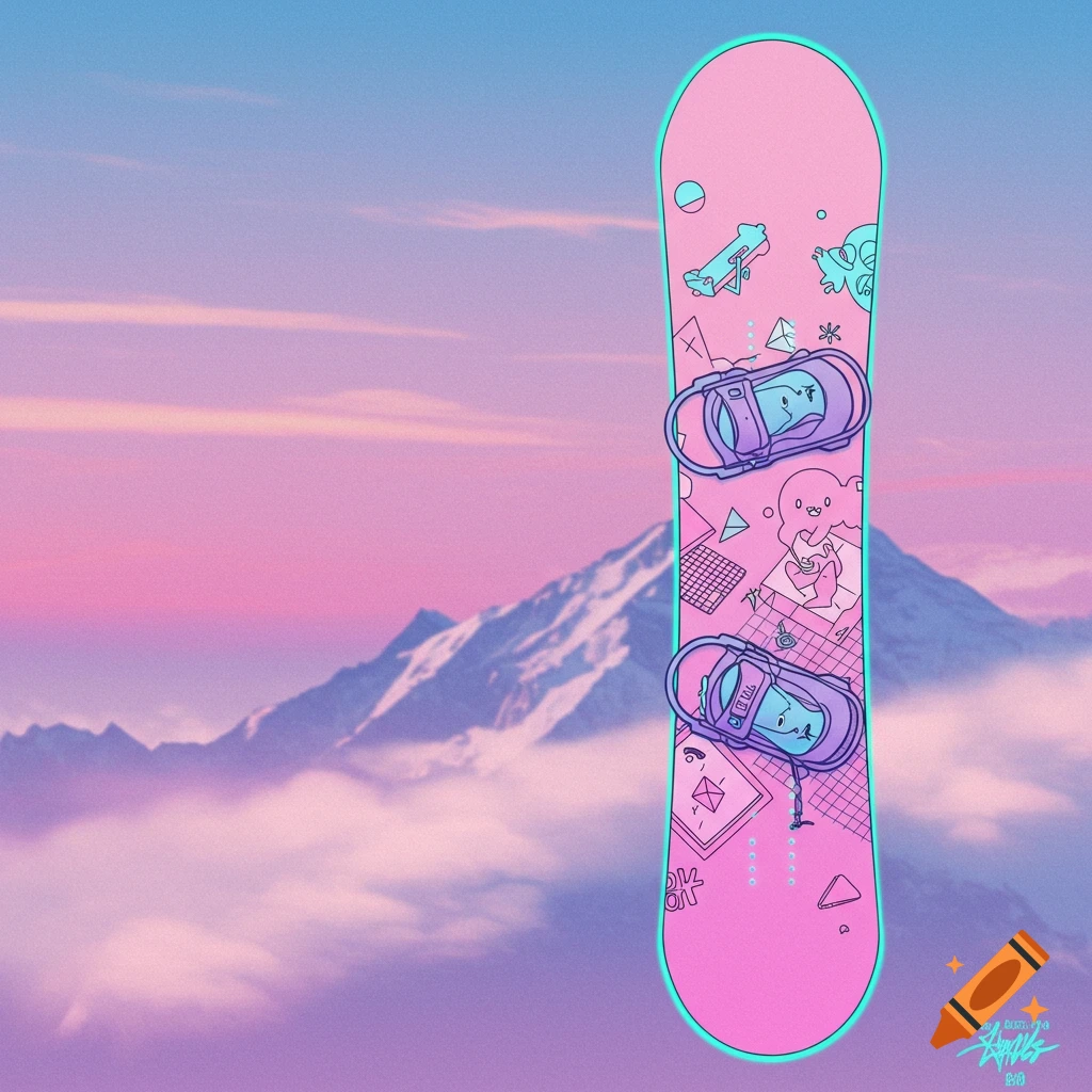 Stylized pink snowboard with cartoony graphics against a pink and blue mountain sunset background