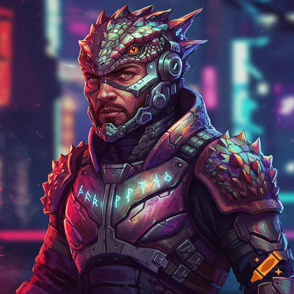 A man wearing futuristic lizard-like armor with a dragon headpiece and glowing eyes in a sci-fi city background.