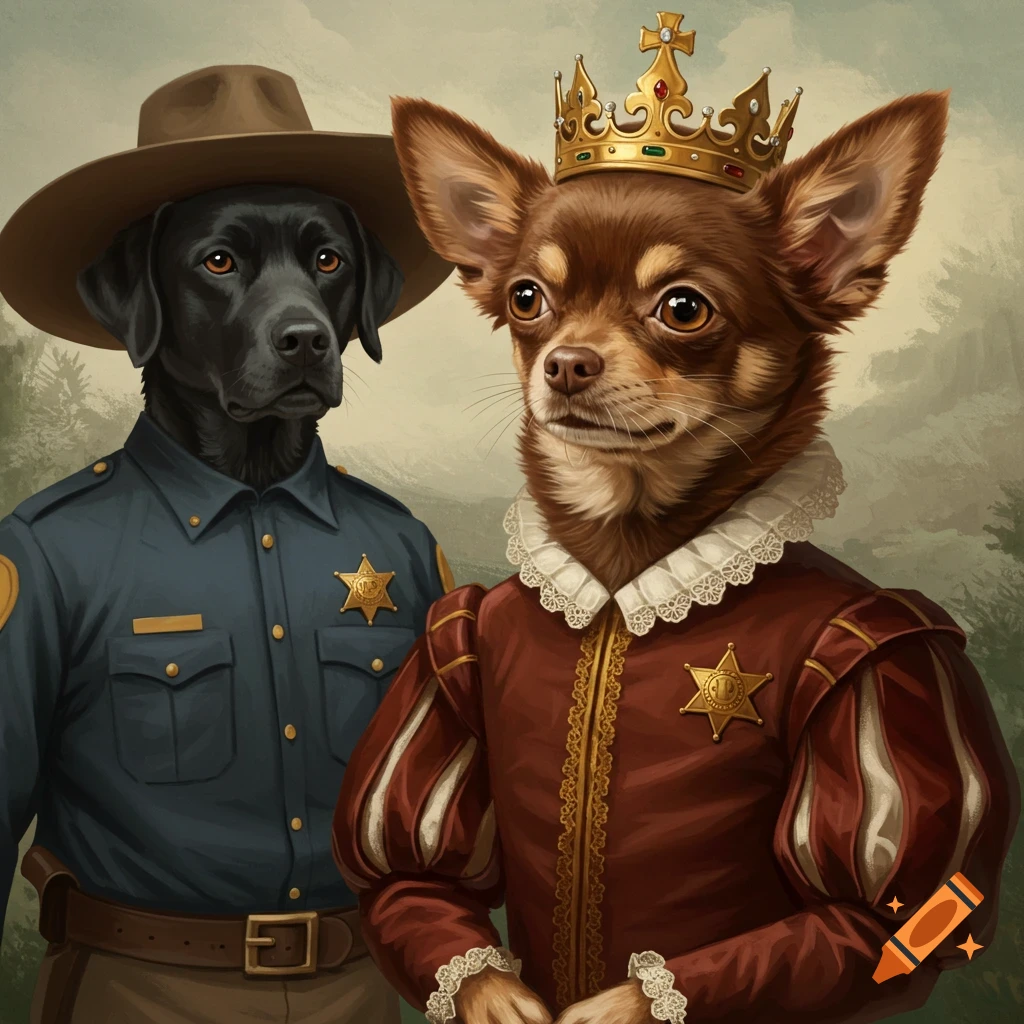 Illustration of a black labrador in a sheriff uniform and a chihuahua in king's clothing and a crown.