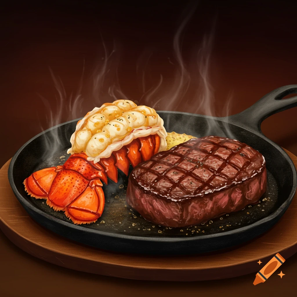 A sizzling steak and lobster tail in a cast iron pan on a wooden board.