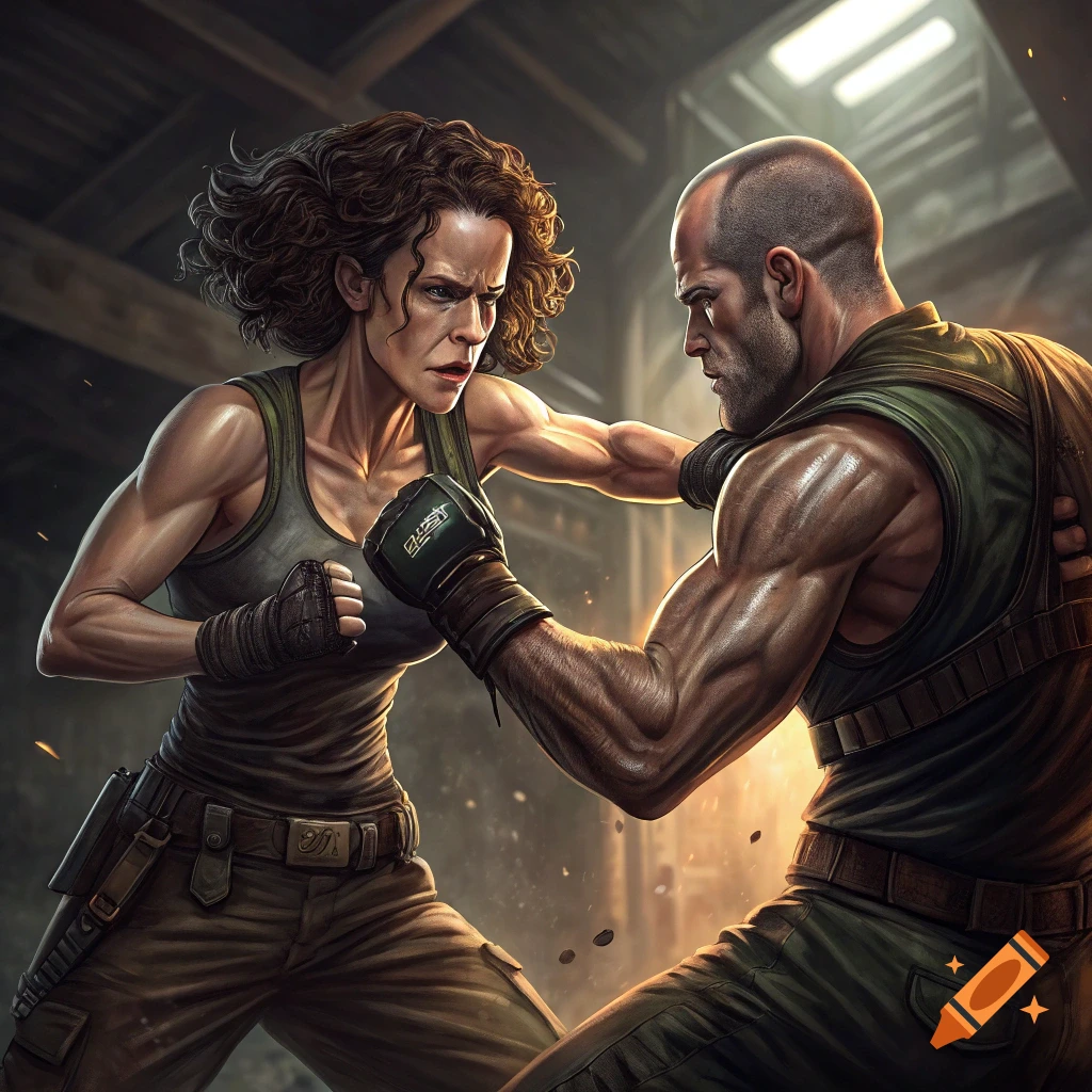 Two muscular people, one woman with curly hair and one bald man, sparring in a gritty indoor gym.