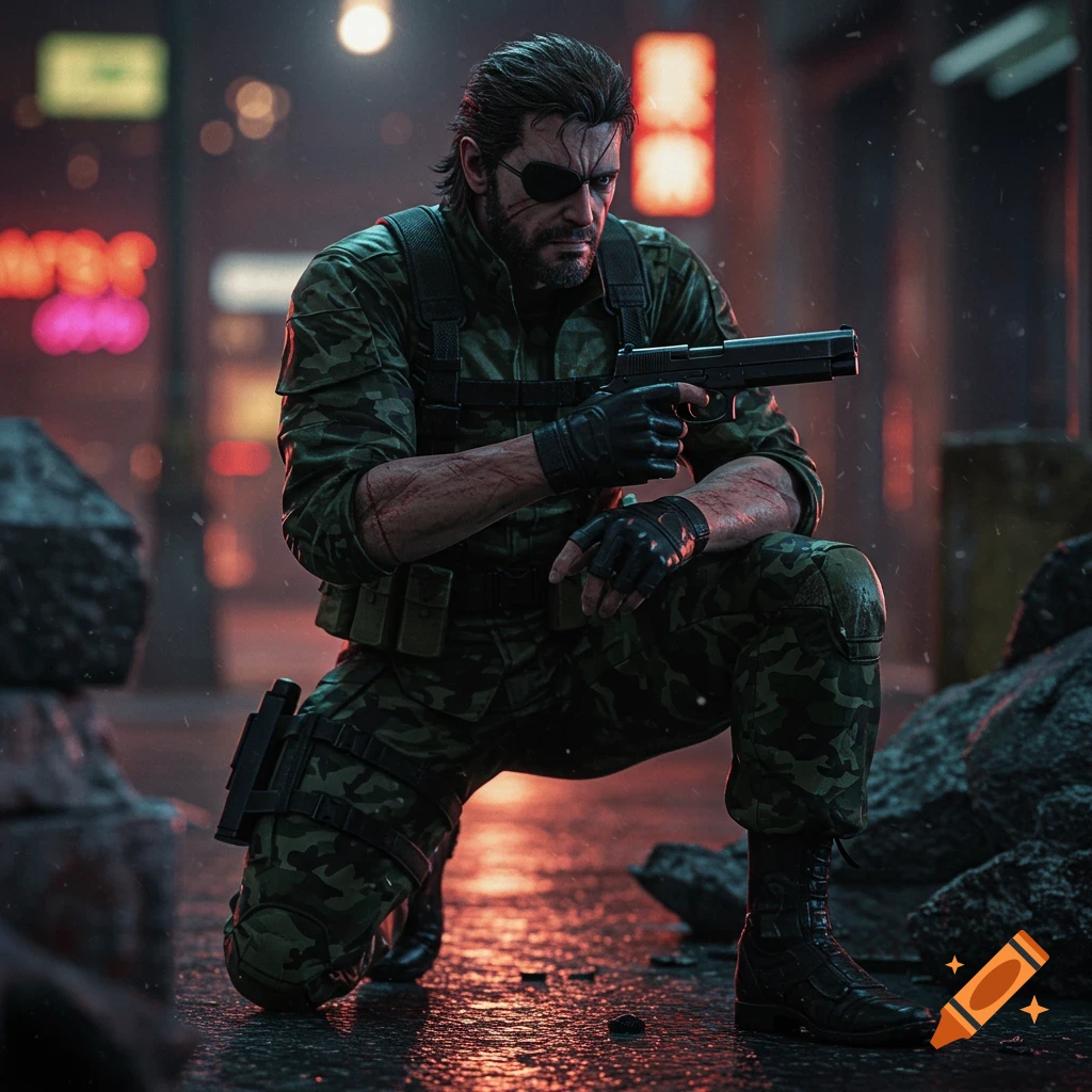 A character resembling Solid Snake in camouflage kneels holding a pistol in a rainy, futuristic urban setting.