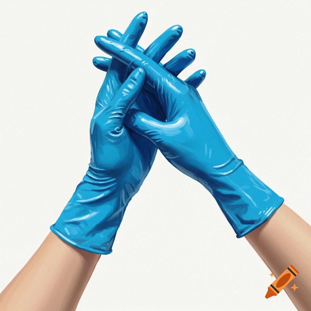 Close-up of two hands clasped together, wearing shiny blue latex gloves against a white background.