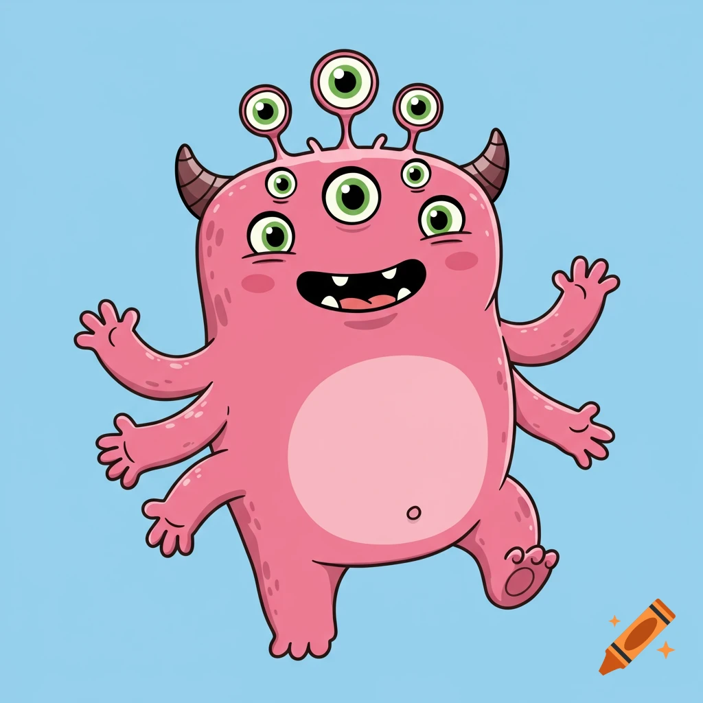 An adorable pink monster with six arms, two legs, multiple green eyes, and two horns stands against a blue background.