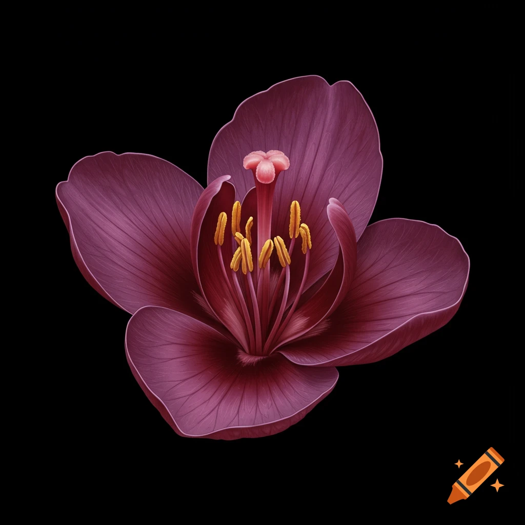 Close-up illustration of the inner part of a purple flower with yellow stamens against a black background.