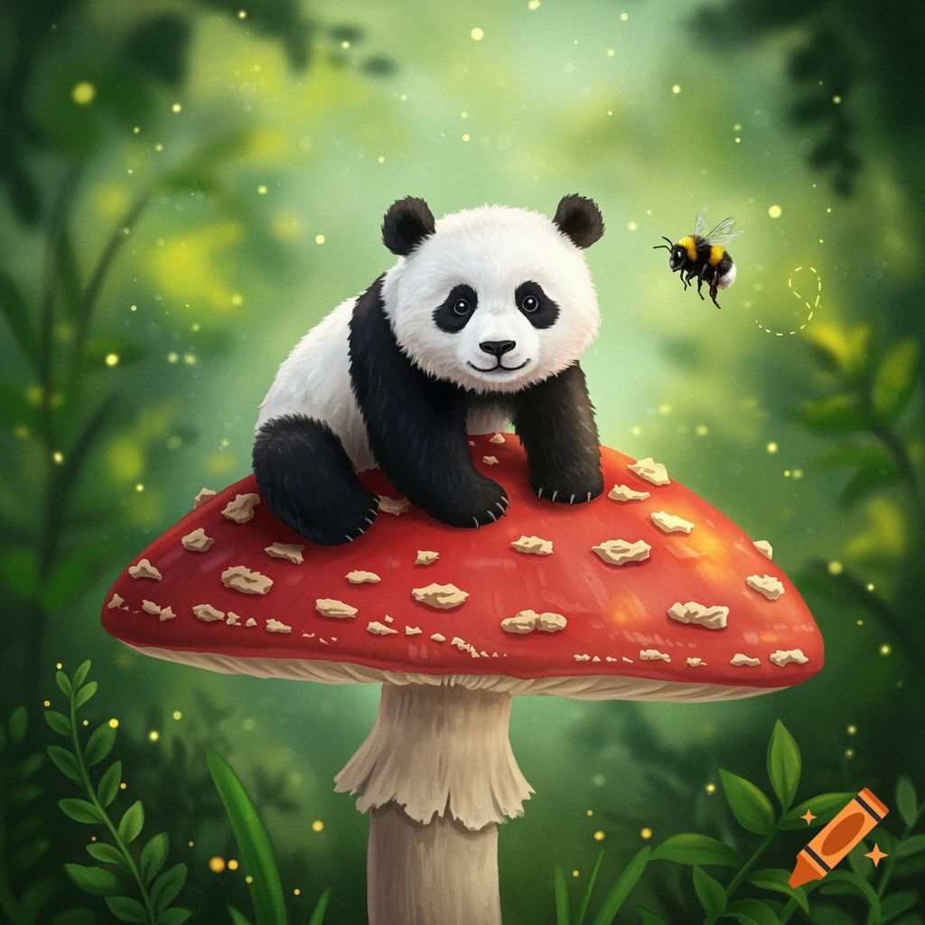 Cartoon panda sits on a large red mushroom cap in a fantasy forest with a bee flying nearby.
