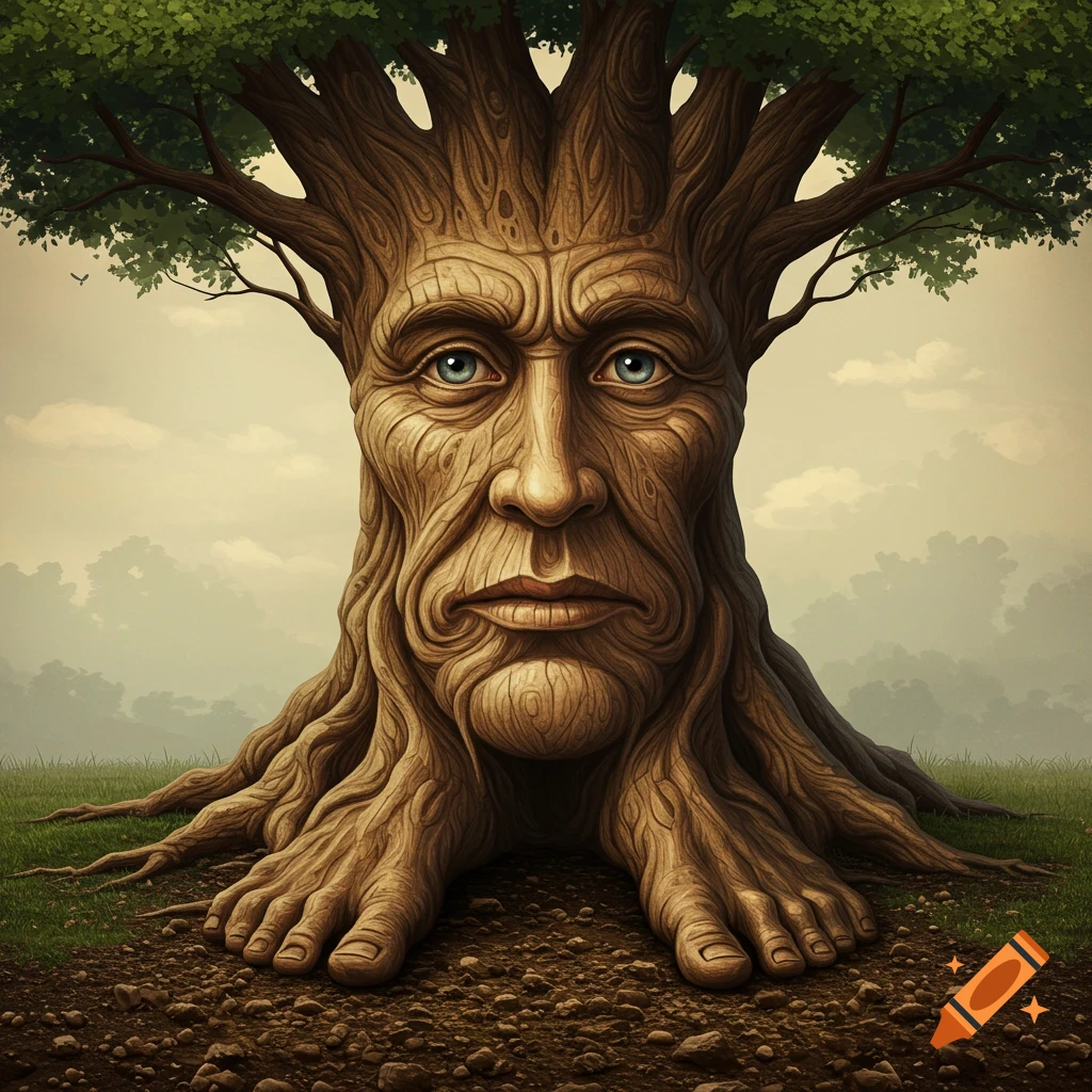 An ancient tree trunk with a weathered face and gnarled roots forming human feet stands in a grassy field.