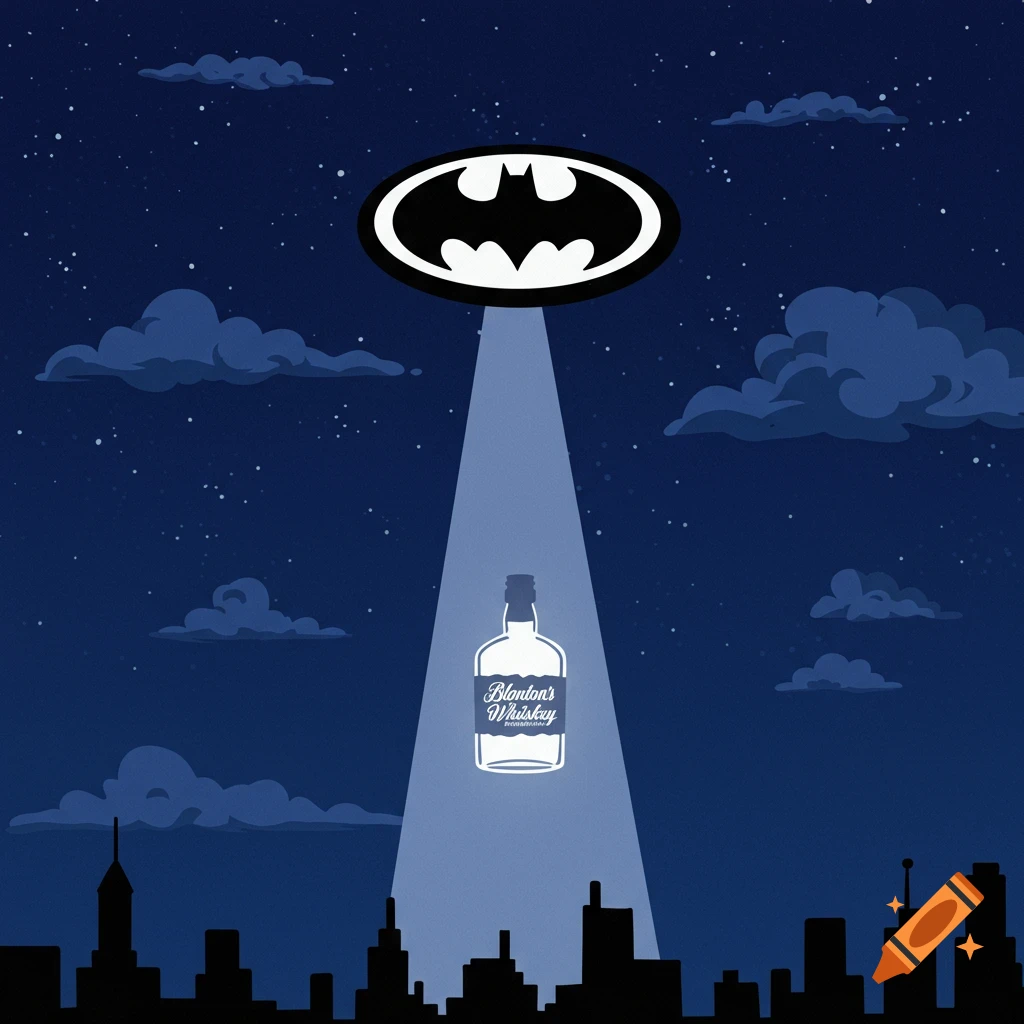 Cartoon spotlight over city shining on a whiskey bottle instead of a bat signal.