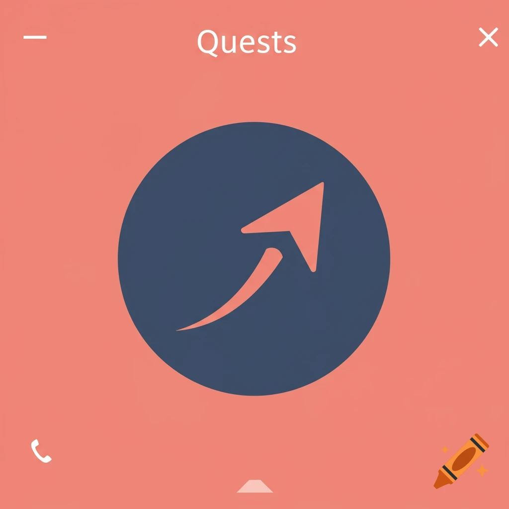 A user interface graphic with the word Quests at the top and a circular icon featuring an upward-sweeping arrow.