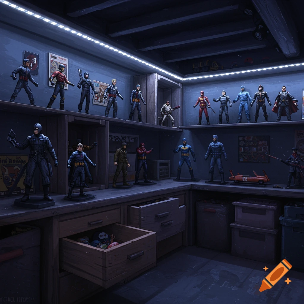 Action figures and collectibles displayed on shelves and in drawers in a moody, under the stairs nook.