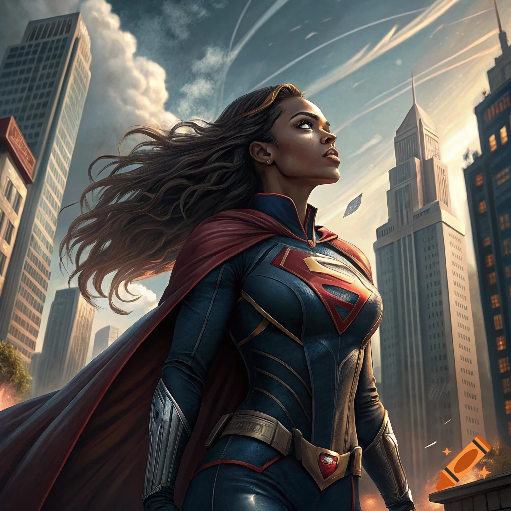 Superwoman with long hair and red cape flying over a city skyline at sunset, dramatic art style.