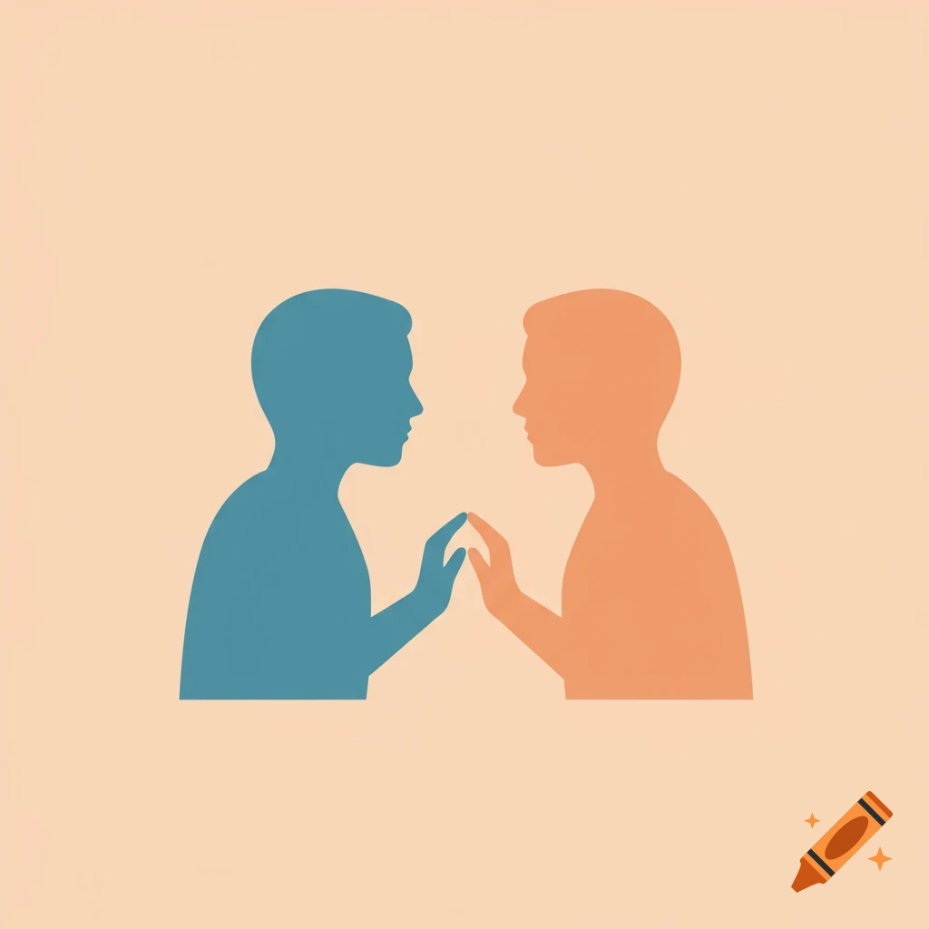 Two stylized silhouettes, blue and orange, face and touch hands against a peach background.
