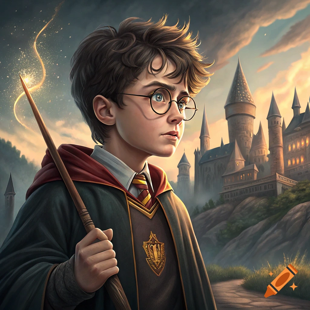 A young wizard holding a wand in front of a large fantasy castle.