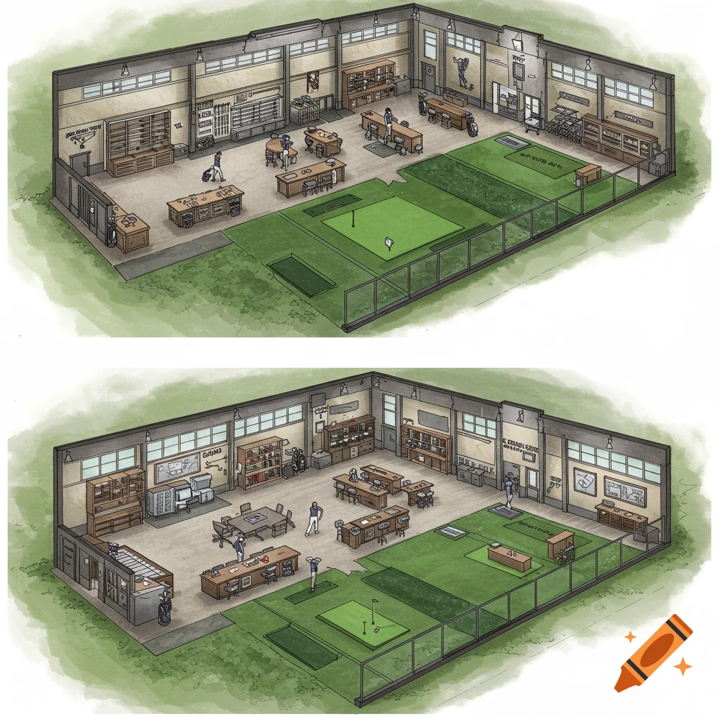 A detailed blueprint illustration showing two floors of a college golf training facility.