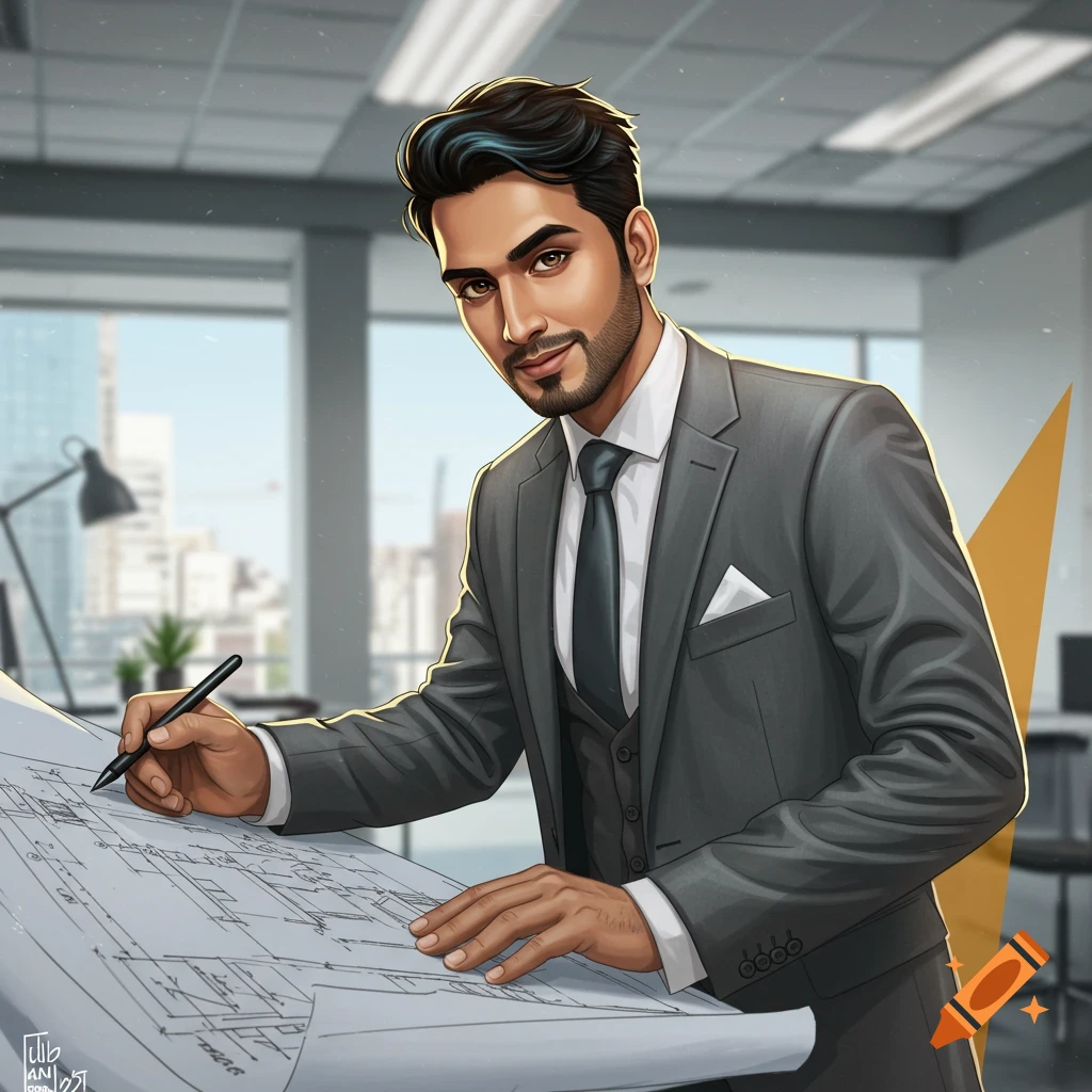 An illustrative image of a man in a suit working on architectural blueprints in an office.