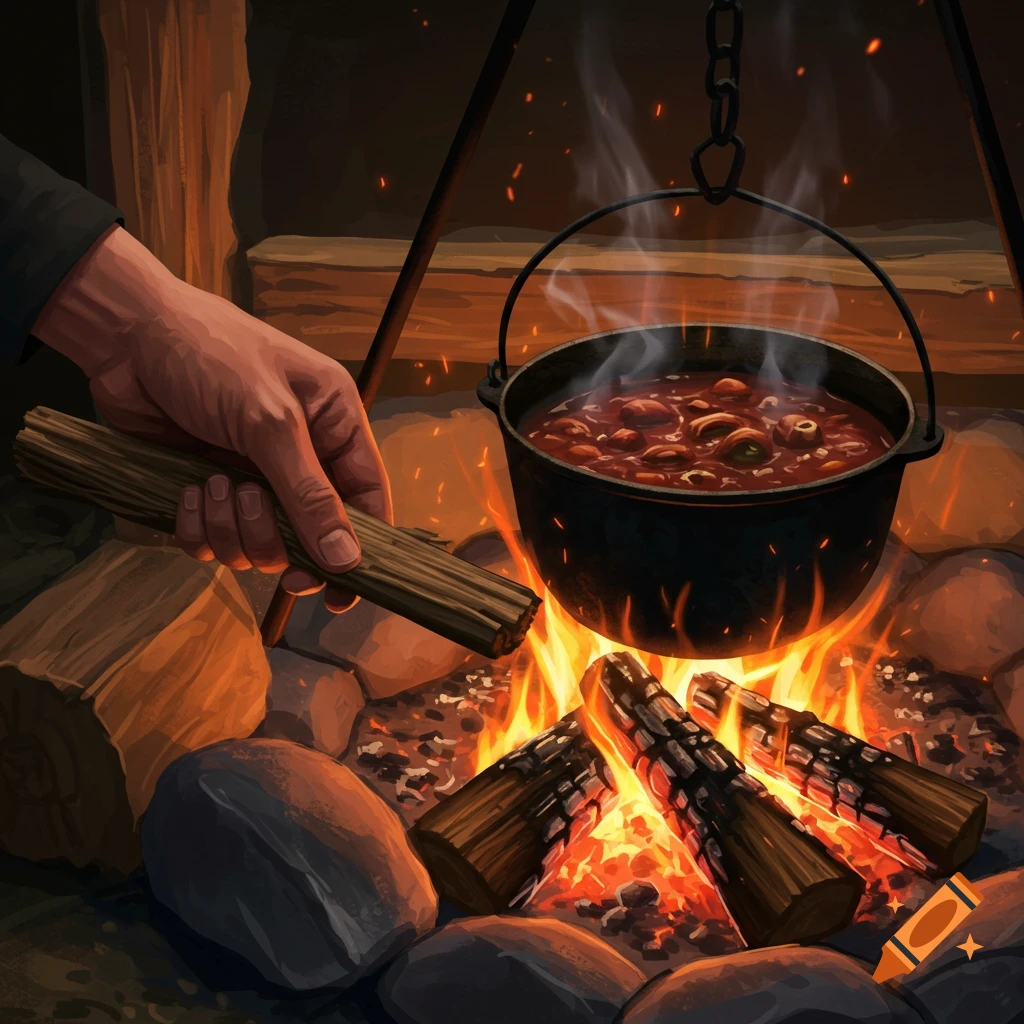 An illustration of a hand adding wood to a campfire under a pot of stew.