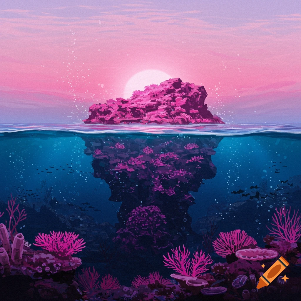A vibrant pink coral island rises from the ocean at sunset, with a detailed view of the reef below the surface.