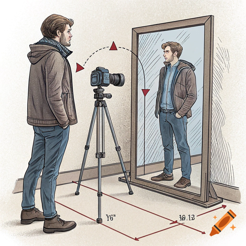 An illustration shows a man standing near a camera and mirror, demonstrating a photography or film setup with measurements.