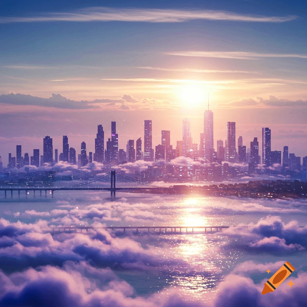 A fantasy cityscape emerges from clouds at sunset, reflected in glittering water, with bridges crossing the foreground.