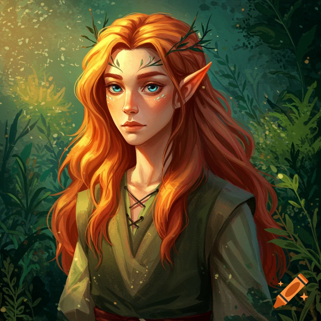 Image of a red-haired elf with pointed ears in a forest.