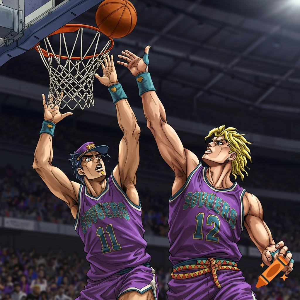 Two muscular anime characters in purple basketball jerseys playing basketball in a stadium.