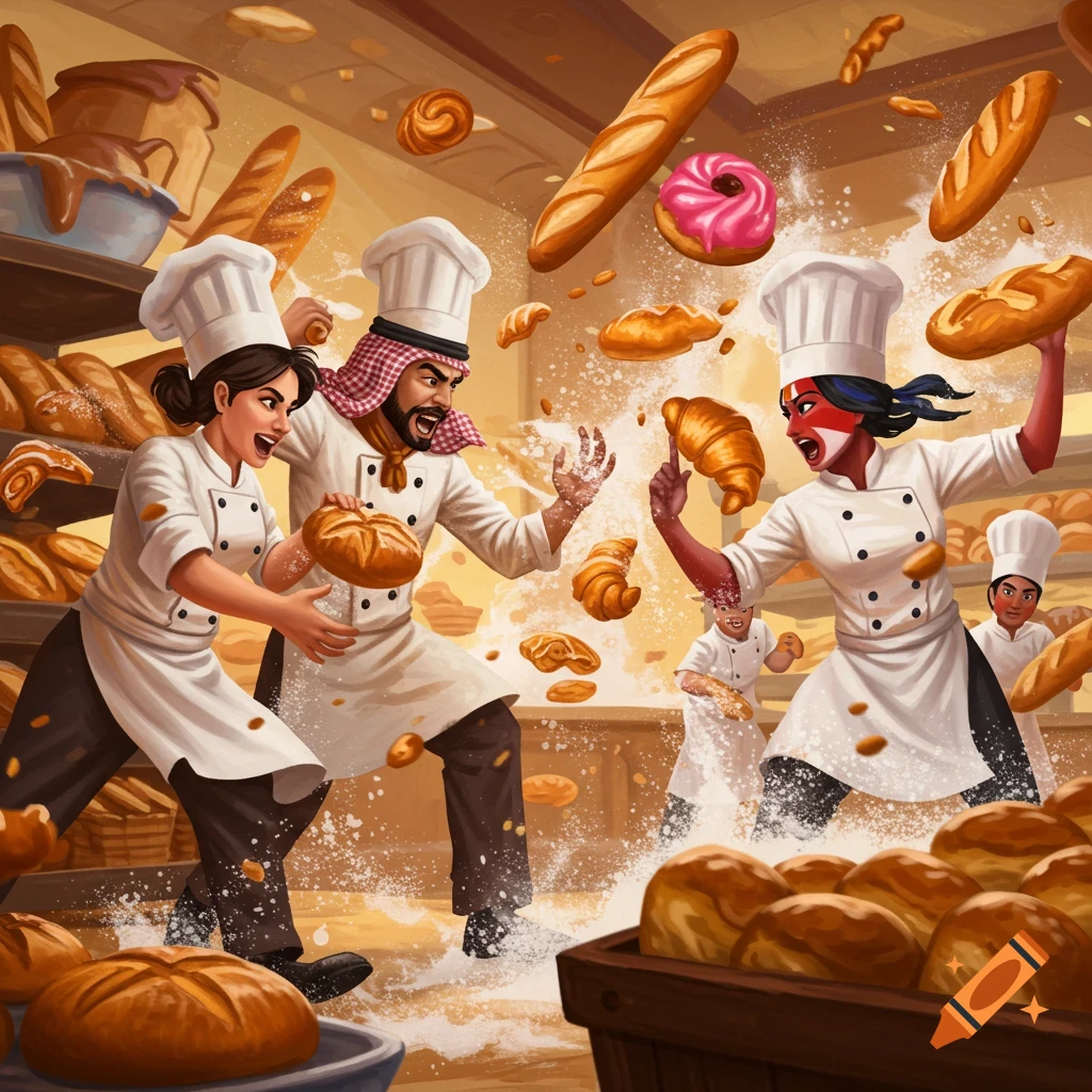 Bakers in a kitchen throwing bread and flour at each other during a chaotic battle.