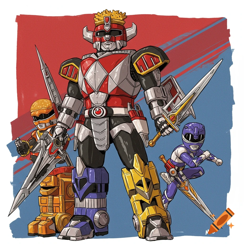 Cartoon illustration of a large robot knight Power Ranger Megazord and two smaller figures, one with a burger helmet.