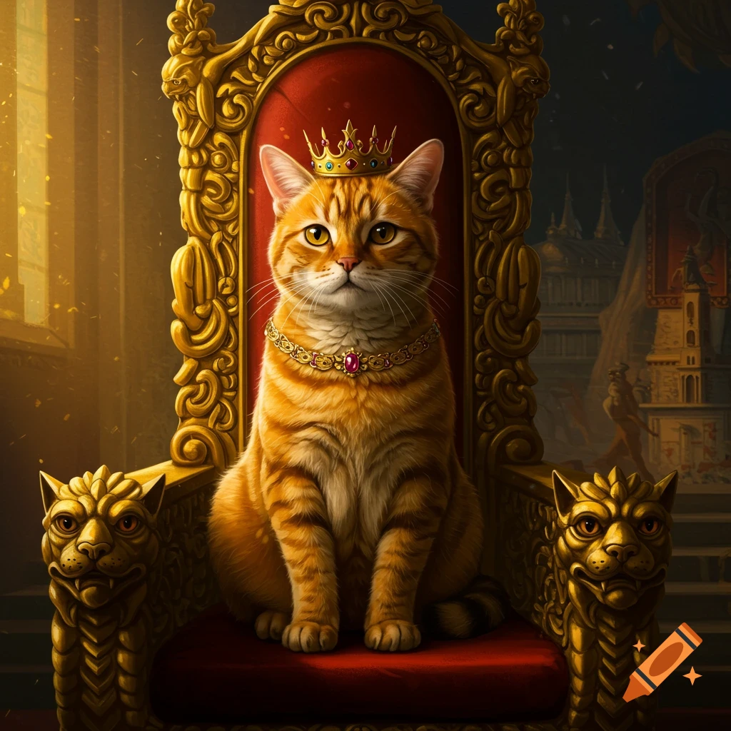 Orange tabby cat wearing a crown and necklace sits on a large golden throne.
