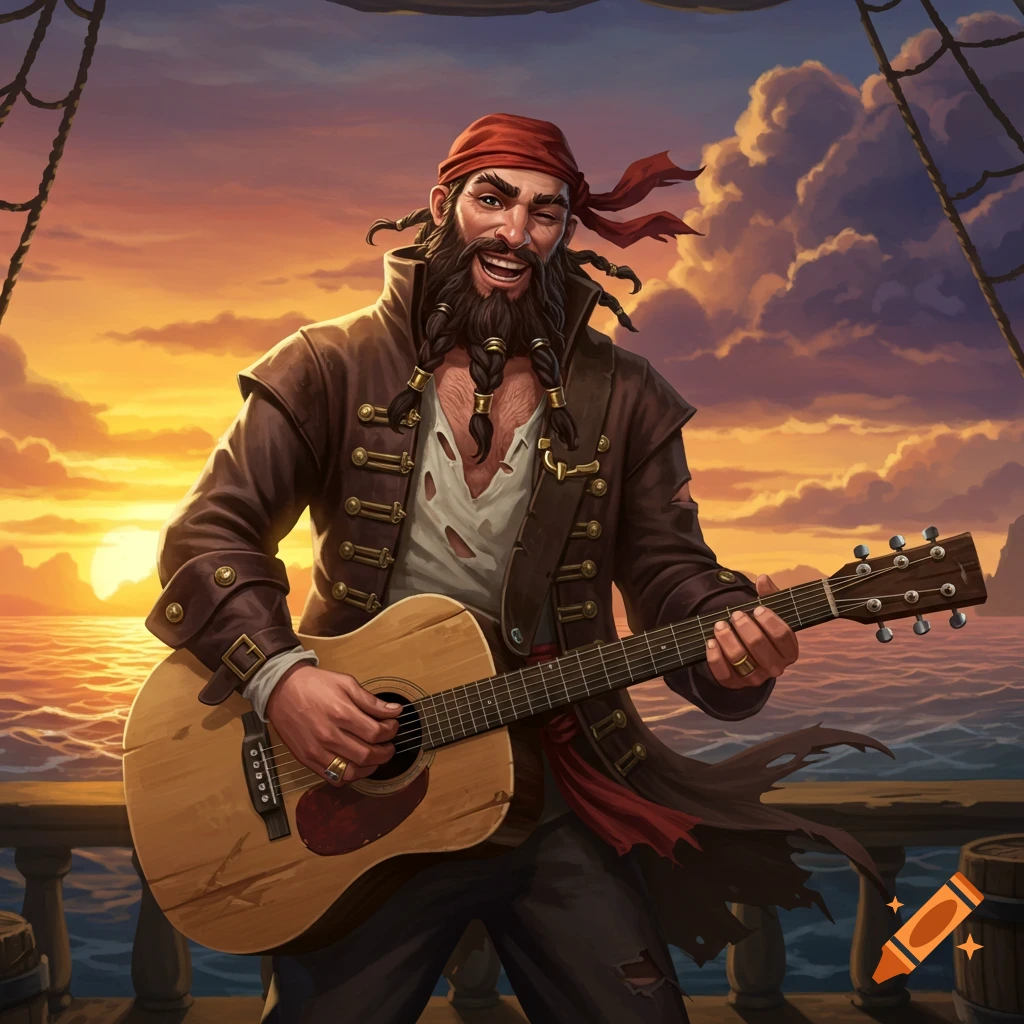 Stylized illustration of a pirate playing a guitar on a ship at sunset.
