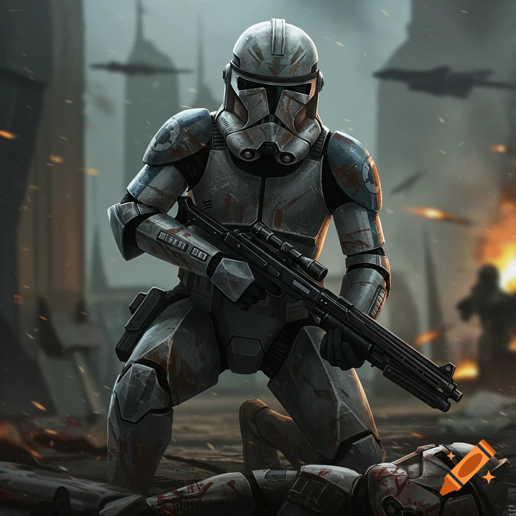 Clone Trooper kneels in a battle scene