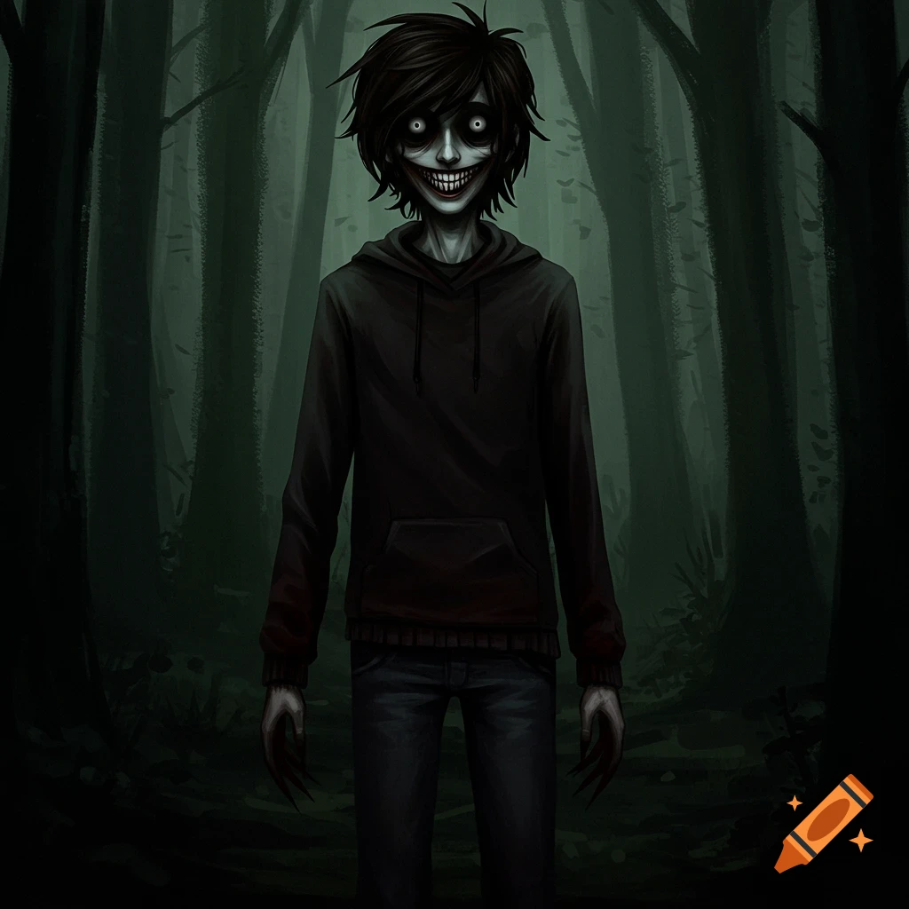 Dark illustration of a creepy figure with a wide smile and large eyes standing in a dark forest.