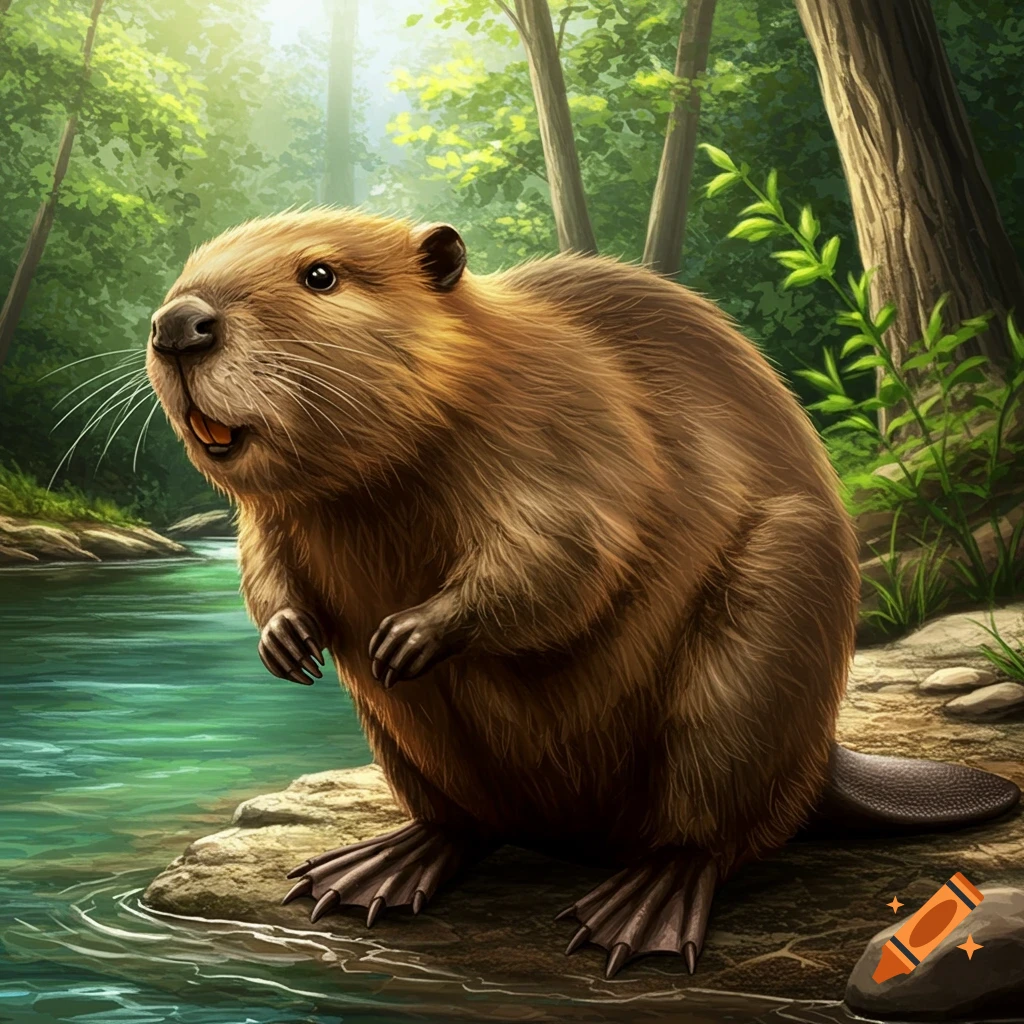 A detailed illustration of a beaver standing on a rock by a forest stream.