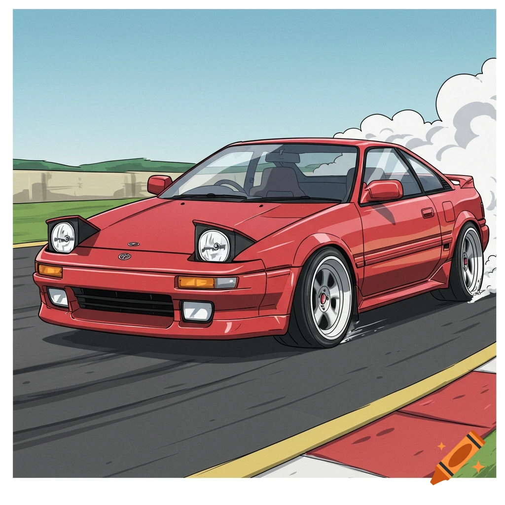 Red Toyota MR2 cartoon car drifting on a race track