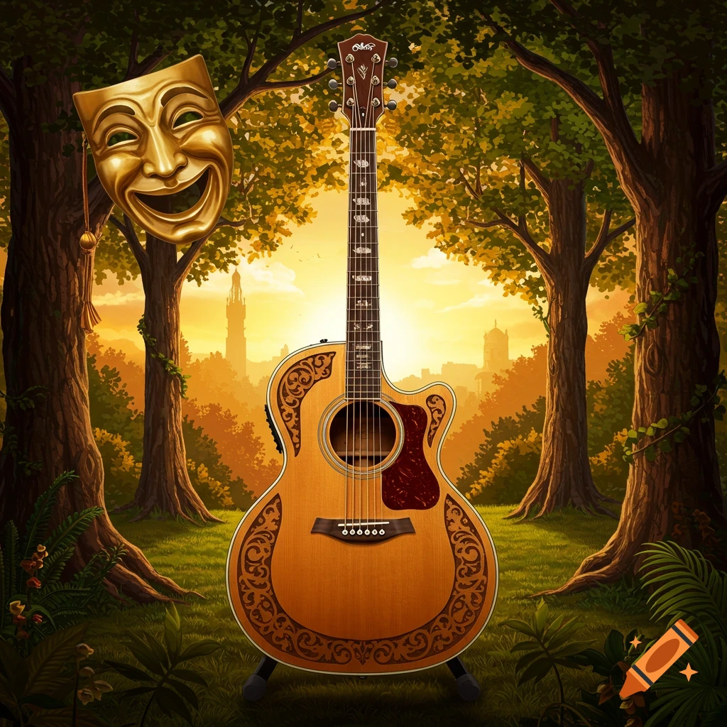 An acoustic guitar and a golden comedy mask stand in a forest at sunset.
