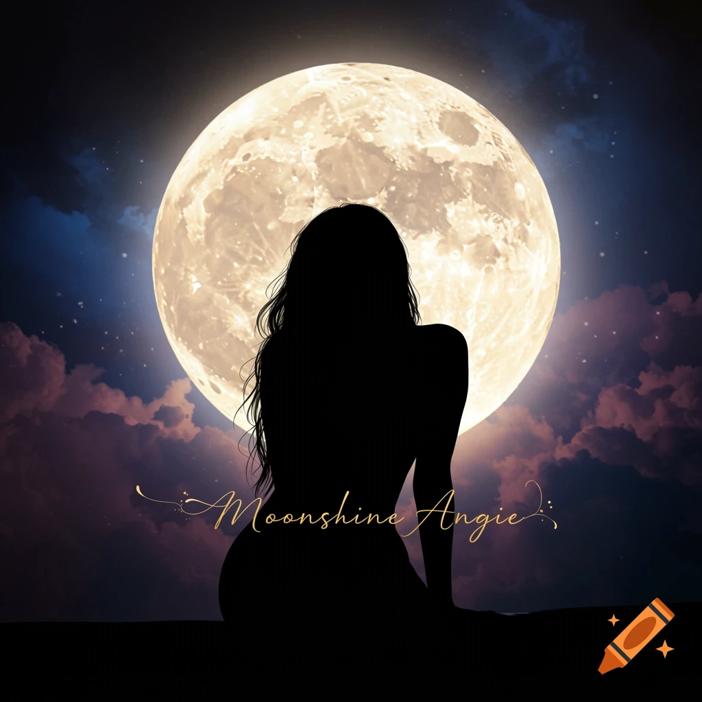 Silhouette of a woman against a full moon in a night sky with clouds and text 'Moonshine Angie'.