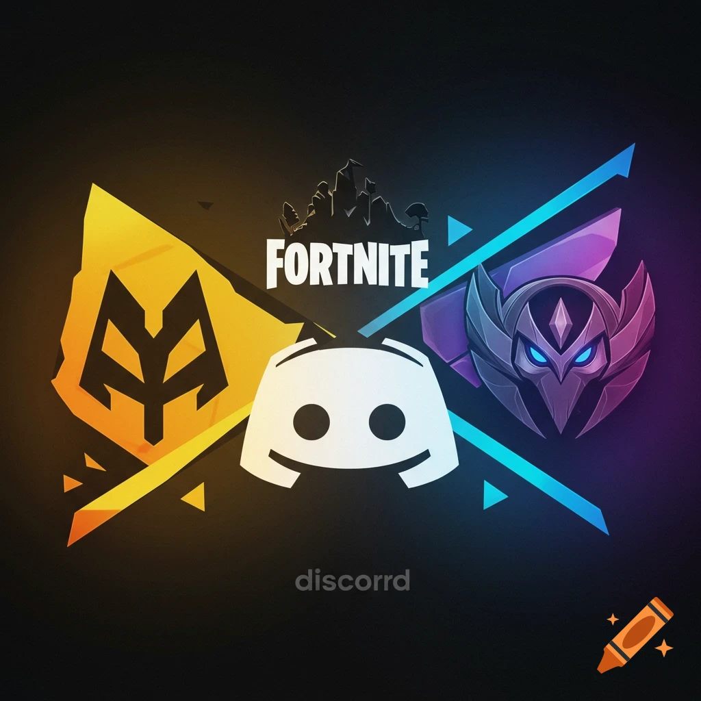 Logos for Fortnite, Discord, and other games on a dark background with colored lighting.