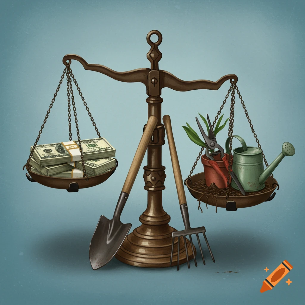 A brass scale balances stacks of money against a watering can, pruning shears, potted plant, shovel, and rake.