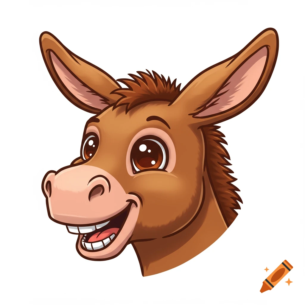 Cute cartoon donkey head with big eyes and a big smile, side view