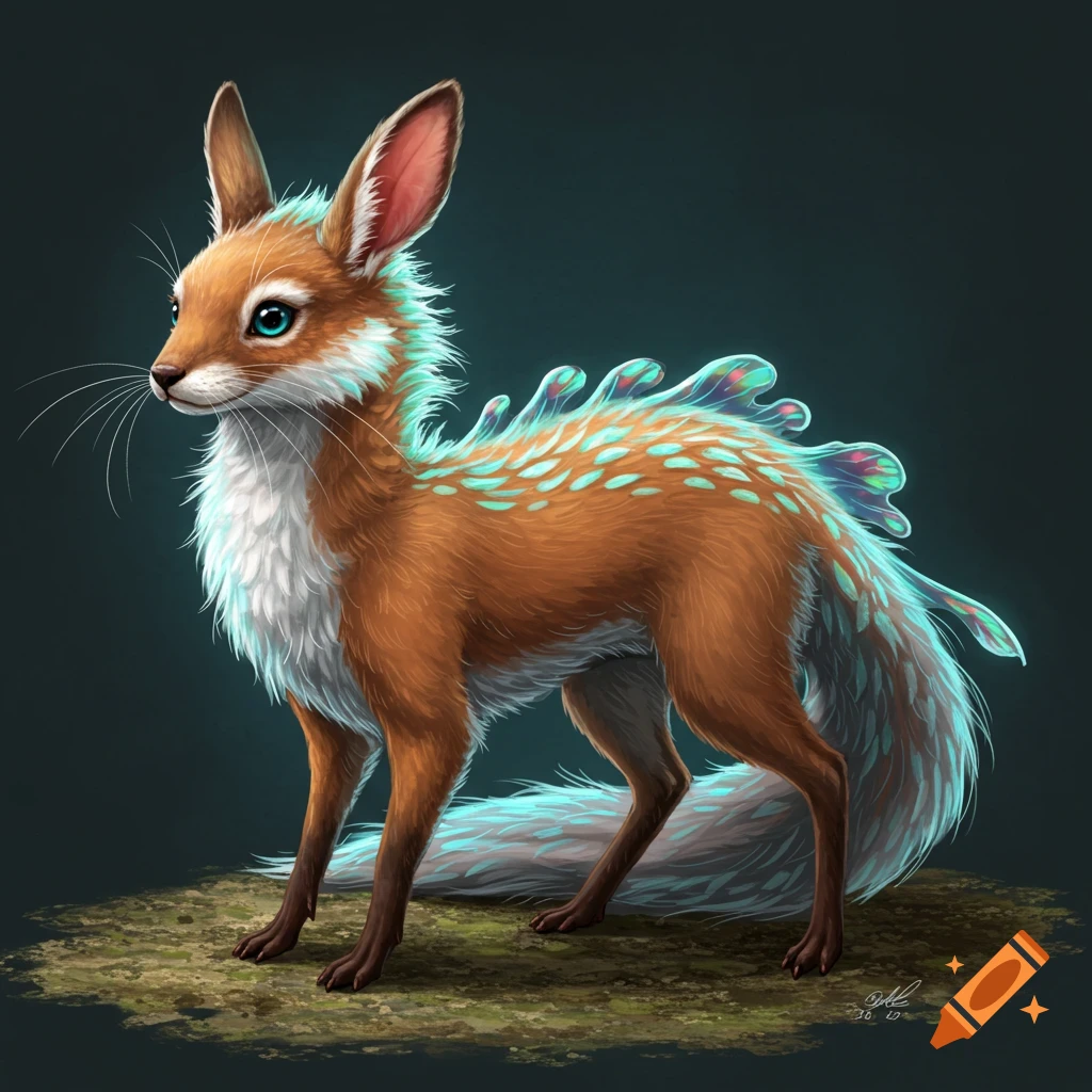 Digital illustration of a fantasy creature resembling a fox with rabbit ears and iridescent scales.