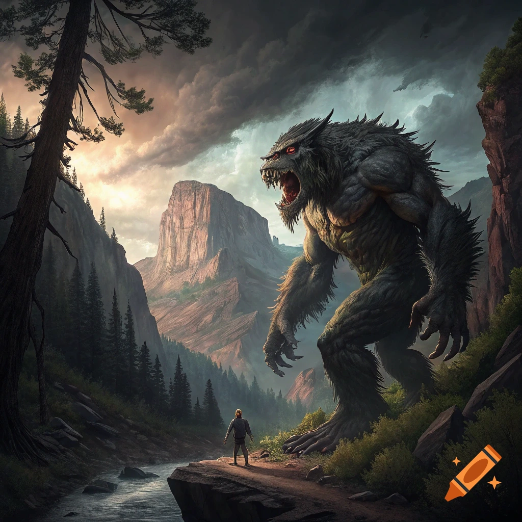 Giant monster confronts a human in a dramatic mountain valley