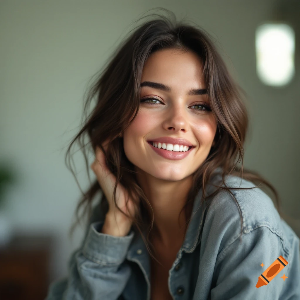 A close-up professional photograph of a young woman with brown hair and green eyes, smiling and touching her hair while wearing a denim shirt.