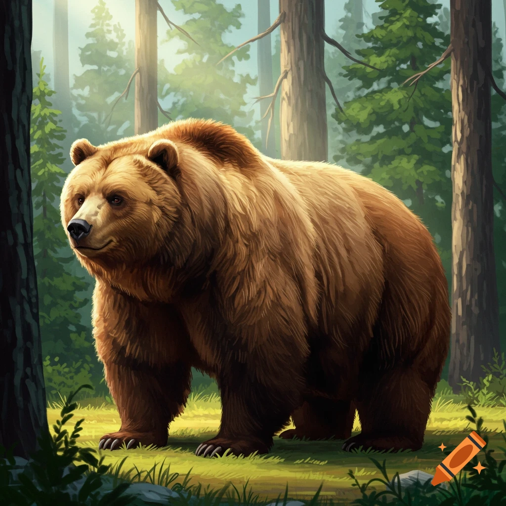 A large brown bear stands in a sunlit forest clearing.