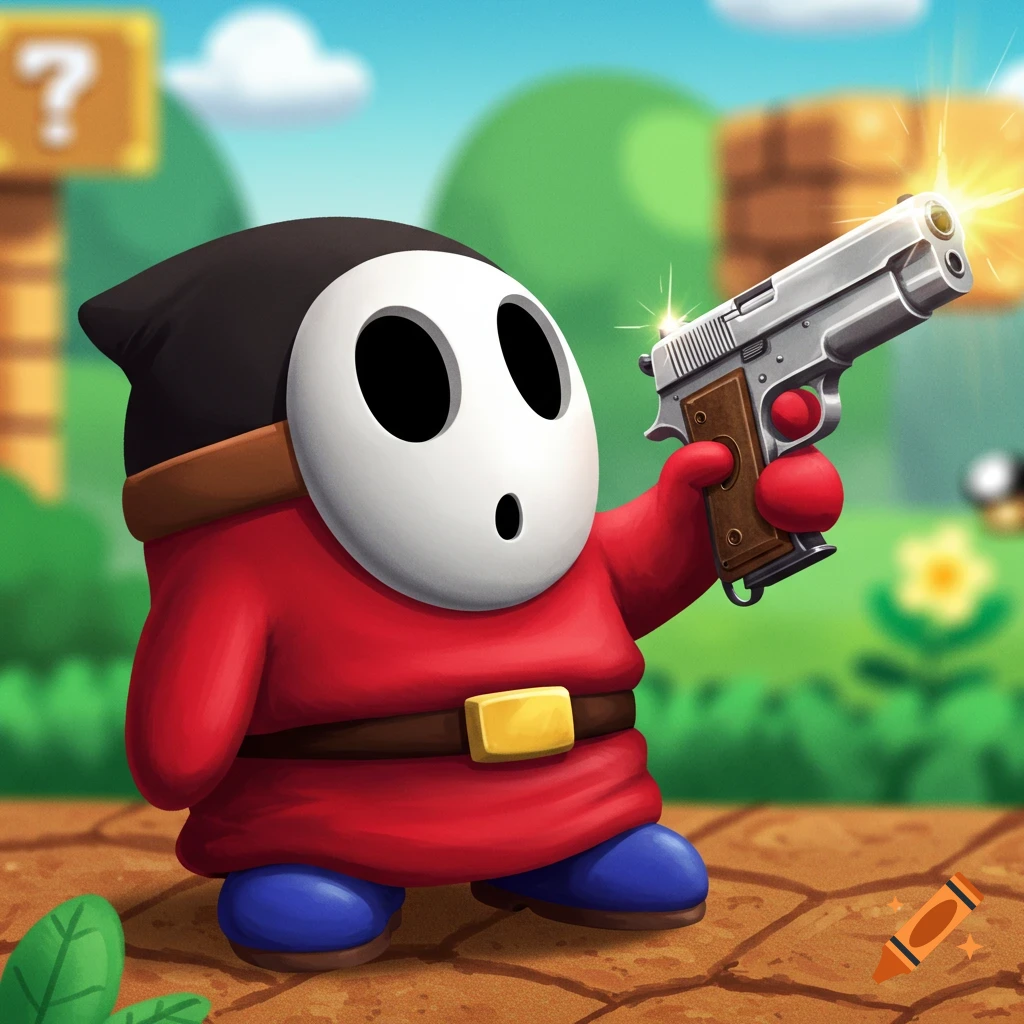 A Shy Guy from Mario stands in a field holding a pistol.
